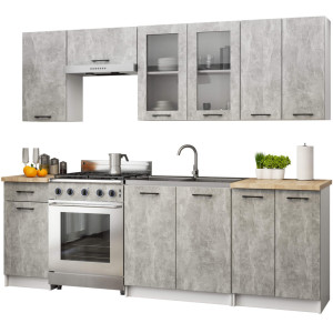 Ensemble De Cuisine Vitré Oliwia 2.4M Blanc 240 Cm 11 Portes 1 Tiroir Façade Béton 240X46X203 Cm
