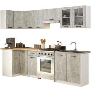 Ensemble De Cuisine Vitré Akord Oliwia Blanc 300 Cm 11 Portes 1 Tiroir Façade Béton 300X46X203 Cm