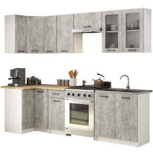 Ensemble De Cuisine Vitré Oliwia 3.0M H720 Blanc 300 Cm 11 Portes 1 Tiroir Façade Béton 300X46X203 Cm