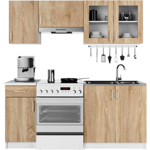Ensemble De Cuisine Vitré Lima 1.8M Blanc 180 Cm 7 Portes 1 Tiroir Façade Chêne Sonoma 8 Étagères 180X44,5X203 Cm