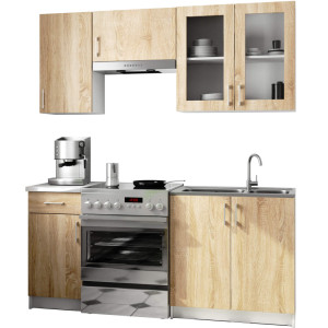 Ensemble De Cuisine Vitré Lima 1.8M H720 Blanc 180 Cm 7 Portes 1 Tiroir Façade Chêne Sonoma 8 Étagères 180X44,5X203 Cm