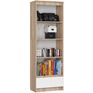 Bibliothèque De Bureau Akord R60 Chêne Sonoma 60 Cm 1 Tiroir Façade Blanche Mat 4 Étagères 60X35X180 Cm