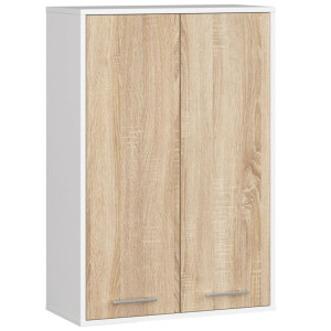 Armoire Salle De Bains Akord Fin Accr. Au Mur Blanche 64 Cm 2 Portes Façade Chêne Sonoma 4 Étagères 64X30X94 Cm