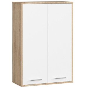 Armoire Salle De Bains Akord Fin Accr. Au Mur Chêne Sonoma 64 Cm 2 Portes Façade Blanche 4 Étagères 64X30X94 Cm