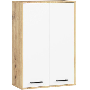 Armoire Salle De Bains Akord Fin Accr. Au Mur Chêne Artisan 64 Cm 2 Portes Façade Blanche 4 Étagères 64X30X94 Cm