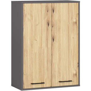 Armoire Salle De Bains Akord Fin Accr. Au Mur Gris Graphite 64 Cm 2 Portes Façade Chêne Artisan 4 Étagères 64X30X94 Cm