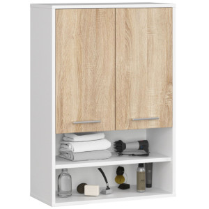 Armoire Salle De Bains Akord Fin Accr. Au Mur Blanche 64 Cm 2 Portes Façade Chêne Sonoma 4 Étagères 64X30X94 Cm
