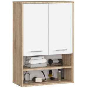 Armoire Salle De Bains Akord Fin Accr. Au Mur Chêne Sonoma 64 Cm 2 Portes Façade Blanche 4 Étagères 64X30X94 Cm