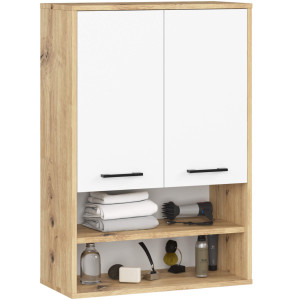 Armoire Salle De Bains Akord Fin Accr. Au Mur Chêne Artisan 64 Cm 2 Portes Façade Blanche 4 Étagères 64X30X94 Cm