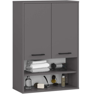 Armoire Salle De Bains Akord Fin Accr. Au Mur Gris Graphite 64 Cm 2 Portes Façade Gris Graphite 4 Étagères 64X30X94 Cm
