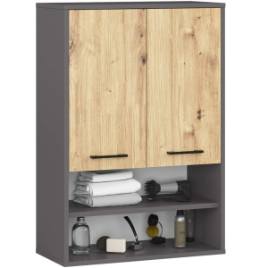 Armoire Salle De Bains Akord Fin Accr. Au Mur Gris Graphite 64 Cm 2 Portes Façade Chêne Artisan 4 Étagères 64X30X94 Cm