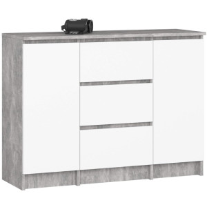 Commode Akord K100 Béton 101 Cm 2 Portes 3 Tiroirs Façade Blanche 4 Étagères 101X35X76 Cm