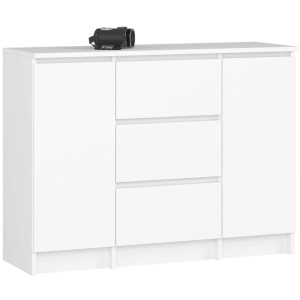 Commode Akord K100 Blanche 101 Cm 2 Portes 3 Tiroirs Façade Blanche 4 Étagères 101X35X76 Cm