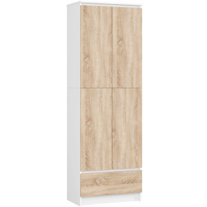 Armoire De Rangement Akord R60 Blanche 60 Cm 2 Portes 1 Tiroir Façade Chêne Sonoma Mat 4 Étagères 60X35X180 Cm