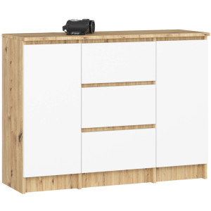 Commode Akord K100 Chêne Artisan 101 Cm 2 Portes 3 Tiroirs Façade Blanche 4 Étagères 101X35X76 Cm
