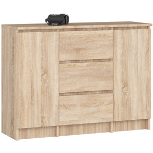 Commode Akord K100 Chêne Sonoma 101 Cm 2 Portes 3 Tiroirs Façade Chêne Sonoma 4 Étagères 101X35X76 Cm