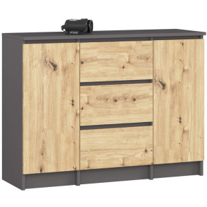 Commode Akord K100 Gris Graphite 101 Cm 2 Portes 3 Tiroirs Façade Chêne Artisan 4 Étagères 101X35X76 Cm