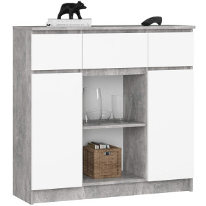 Commode Akord K100 Béton 101 Cm 2 Portes 3 Tiroirs Façade Blanche 6 Étagères 101X35X98 Cm