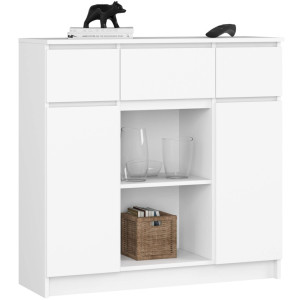 Commode Akord K100 Blanche 101 Cm 2 Portes 3 Tiroirs Façade Blanche 6 Étagères 101X35X98 Cm