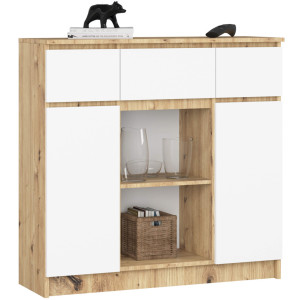 Commode Akord K100 Chêne Artisan 101 Cm 2 Portes 3 Tiroirs Façade Blanche 6 Étagères 101X35X98 Cm