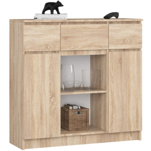 Commode Akord K100 Chêne Sonoma 101 Cm 2 Portes 3 Tiroirs Façade Chêne Sonoma 6 Étagères 101X35X98 Cm