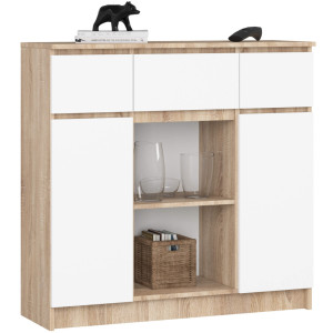 Commode Akord K100 Chêne Sonoma 101 Cm 2 Portes 3 Tiroirs Façade Blanche 6 Étagères 101X35X98 Cm