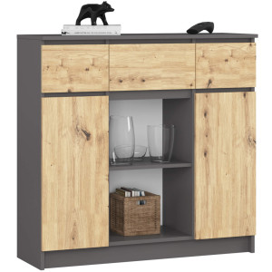 Commode Akord K100 Gris Graphite 101 Cm 2 Portes 3 Tiroirs Façade Chêne Artisan 6 Étagères 101X35X98 Cm