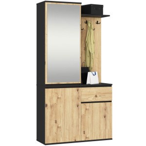 Ensemble De Meubles D'entrée Entro Noir 95 Cm 3 Portes 1 Tiroir Façade Chêne Artisan 7 Étagères 95X35X183 Cm
