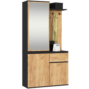 Ensemble De Meubles D'entrée Entro Noir 95 Cm 3 Portes 1 Tiroir Façade Chêne Craft 7 Étagères 95X35X183 Cm