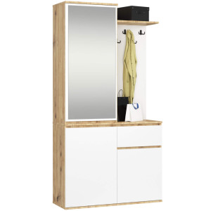 Ensemble De Meubles D'entrée Entro Chêne Artisan 95 Cm 3 Portes 1 Tiroir Façade Blanche 7 Étagères 95X35X183 Cm