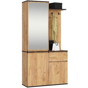 Ensemble De Meubles D'entrée Entro Chêne Craft 95 Cm 3 Portes 1 Tiroir Façade Chêne Craft 7 Étagères 95X35X183 Cm