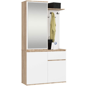 Ensemble De Meubles D'entrée Entro Chêne Sonoma 95 Cm 3 Portes 1 Tiroir Façade Blanche 7 Étagères 95X35X183 Cm