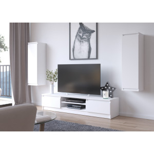 Ensemble Mobiler Pour Le Salon Akord Presentoir + Meuble Tv Blanc 240 Cm 4 Portes Façade Blanche 8 Étagères 240X40X140 Cm