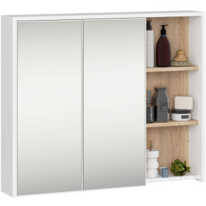 Armoire Salle De Bains Vami Suspendu Avec Miroir Blanche 90 Cm 2 Portes Intérieur Chêne Sonoma 6 Étagères 90X15X75 Cm