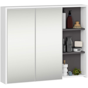 Armoire Salle De Bains Vami Suspendu Avec Miroir Blanche 90 Cm 2 Portes Intérieur Gris Graphite 6 Étagères 90X15X75 Cm