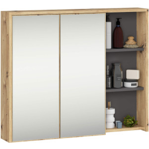 Armoire Salle De Bains Vami Suspendu Avec Miroir Chêne Artisan 90 Cm 2 Portes Intérieur Gris Graphite 6 Étagères 90X15X75 Cm