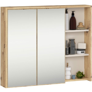 Armoire Salle De Bains Vami Suspendu Avec Miroir Chêne Artisan 90 Cm 2 Portes Intérieur Cachmire 6 Étagères 90X15X75 Cm