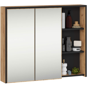 Armoire Salle De Bains Vami Suspendu Avec Miroir Chêne Craft 90 Cm 2 Portes Intérieur Noire 6 Étagères 90X15X75 Cm