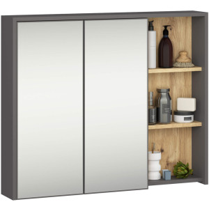 Armoire Salle De Bains Vami Suspendu Avec Miroir Gris Graphite 90 Cm 2 Portes Intérieur Chêne Artisan 6 Étagères 90X15X75 Cm