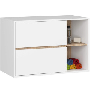 Meuble Salle De Bains Vami Suspendu Sans Vasque Blanche 90 Cm 2 Tiroirs Intérieur Chêne Sonoma 2 Étagères 90X45,5X60 Cm