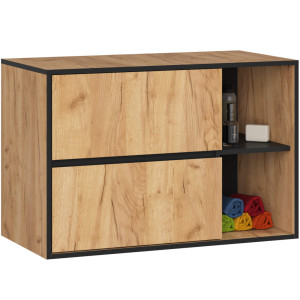 Meuble Salle De Bains Vami Suspendu Sans Vasque Chêne Craft 90 Cm 2 Tiroirs Intérieur Noire 2 Étagères 90X45,5X60 Cm