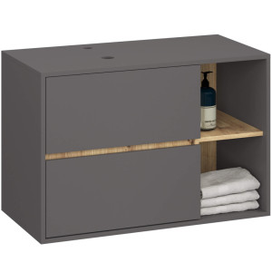 Meuble Salle De Bains Vami Suspendu Avec Découpes Pour Vasque À Poser Gris Graphite 90 Cm 2 Tiroirs Intérieur Chêne Artisan