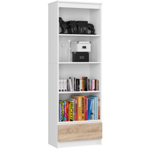 Bibliothèque De Bureau Akord R60 Blanche 60 Cm 1 Tiroir Façade Chêne Sonoma Mat 4 Étagères 60X35X180 Cm