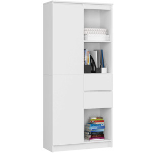 Bibliothèque De Bureau Akord R15 Blanche 80 Cm 1 Porte 2 Tiroirs Façade Blanche Mat 7 Étagères 80X35X180 Cm