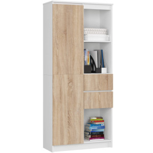 Bibliothèque De Bureau Akord R15 Blanche 80 Cm 1 Porte 2 Tiroirs Façade Chêne Sonoma Mat 7 Étagères 80X35X180 Cm