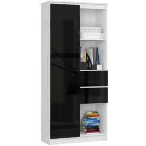 Bibliothèque De Bureau Akord R15 Blanche 80 Cm 1 Porte 2 Tiroirs Façade Noir Brillant 7 Étagères 80X35X180 Cm