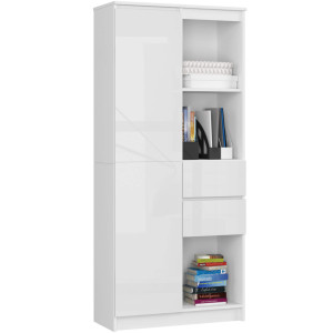 Bibliothèque De Bureau Akord R15 Blanche 80 Cm 1 Porte 2 Tiroirs Façade Blanche Brillante 7 Étagères 80X35X180 Cm