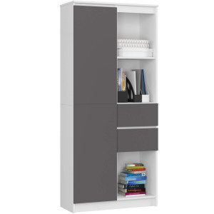Bibliothèque De Bureau Akord R15 Blanche 80 Cm 1 Porte 2 Tiroirs Façade Gris Graphite Mat 7 Étagères 80X35X180 Cm