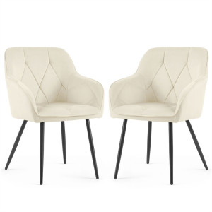 Lot De 2 Chaises En Velours Matelassées Diamante Crème Pieds Noirs