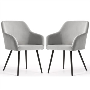 Lot De 2 Chaises En Velours Lisses Estelle Gris Pieds Noirs